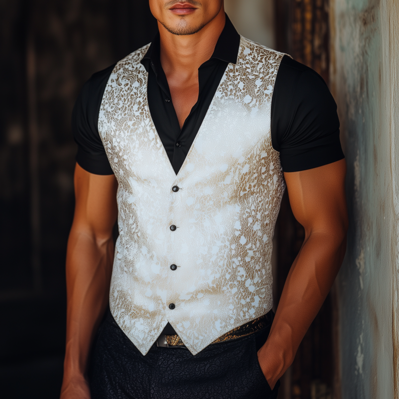 Men's Vintage Elegant Satin Jacquard V-neck Single-breasted Slim Suit Vest MTA2467G3M