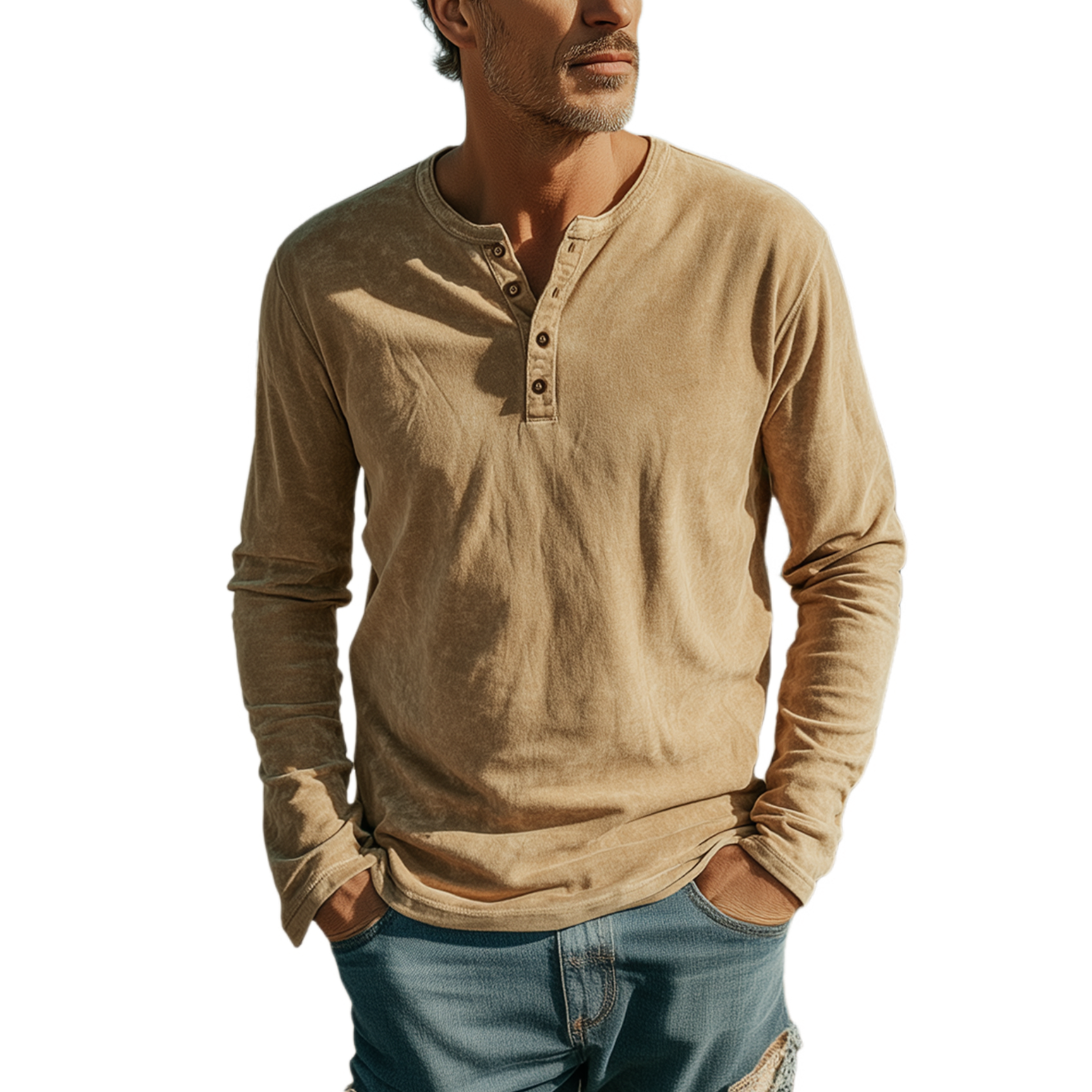 Men's Casual Western Style Henley Neck Thin Suede Long Sleeve T-Shirt MTA2448G8K