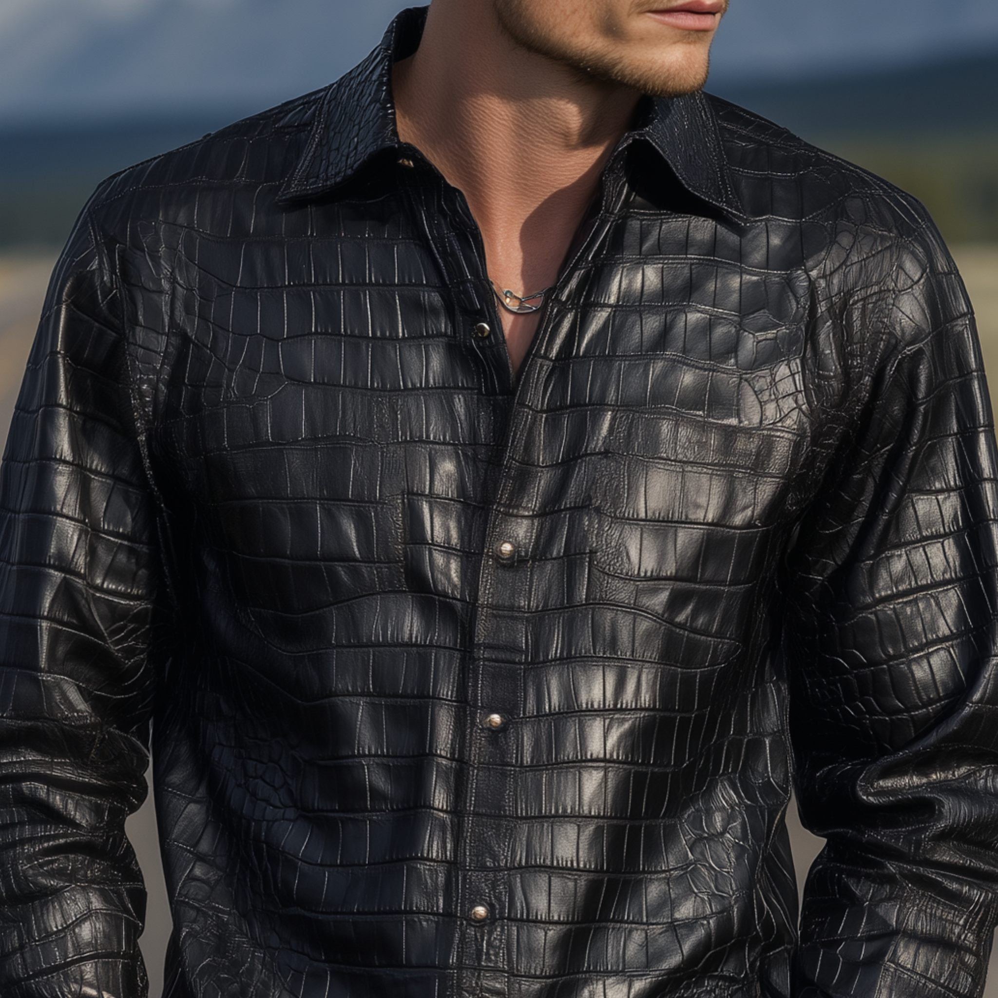 Men's Retro Fashion Textured Leather Long Sleeve Shirt MTA0779H6K