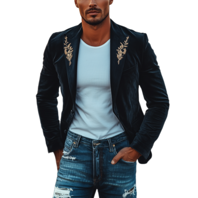 Men's Fashion American Retro Slim Velvet Embroidered Blazer 21054858K