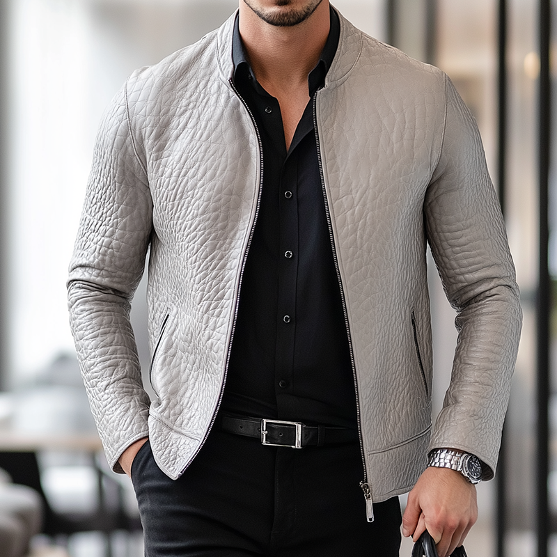 Men's Vintage Casual Faux Leather Stand Collar Zipper Jacket MTA1733I0TO