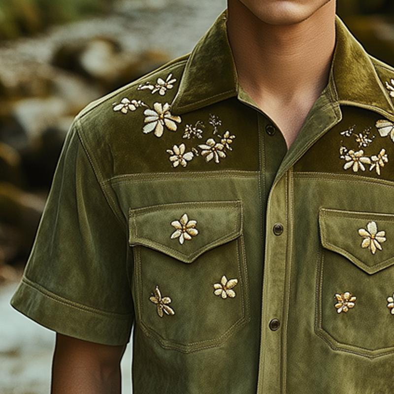 Men's Summer Floral Embroidery Colorblock Suede Short Sleeve Shirt MTA0707F3U