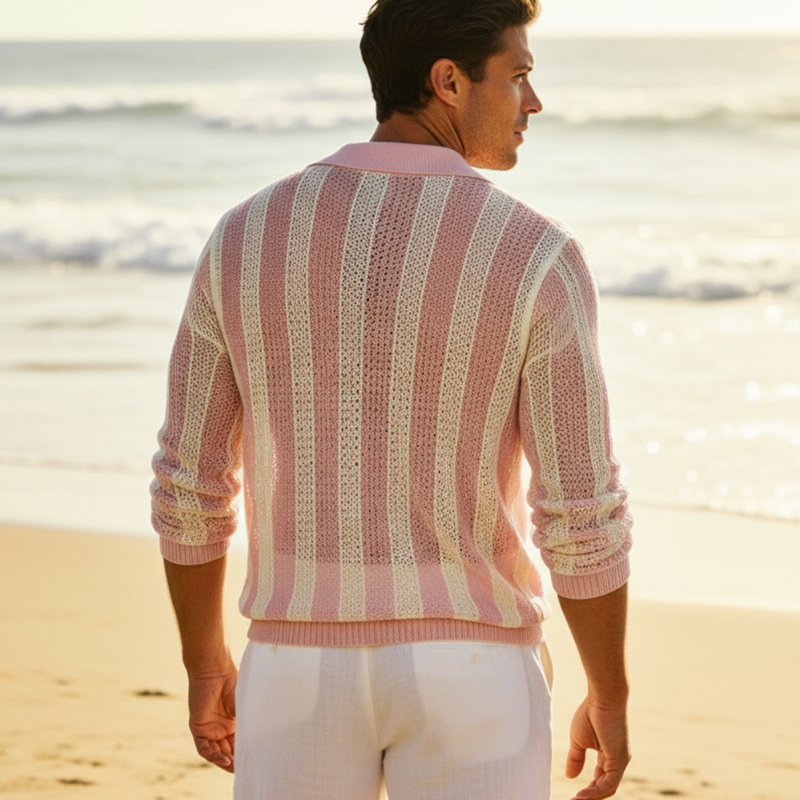 Men's Spring/Summer Fashion Cotton Yarn Knit Hollow-Out Long-Sleeved Shirt MTZ0998B9P