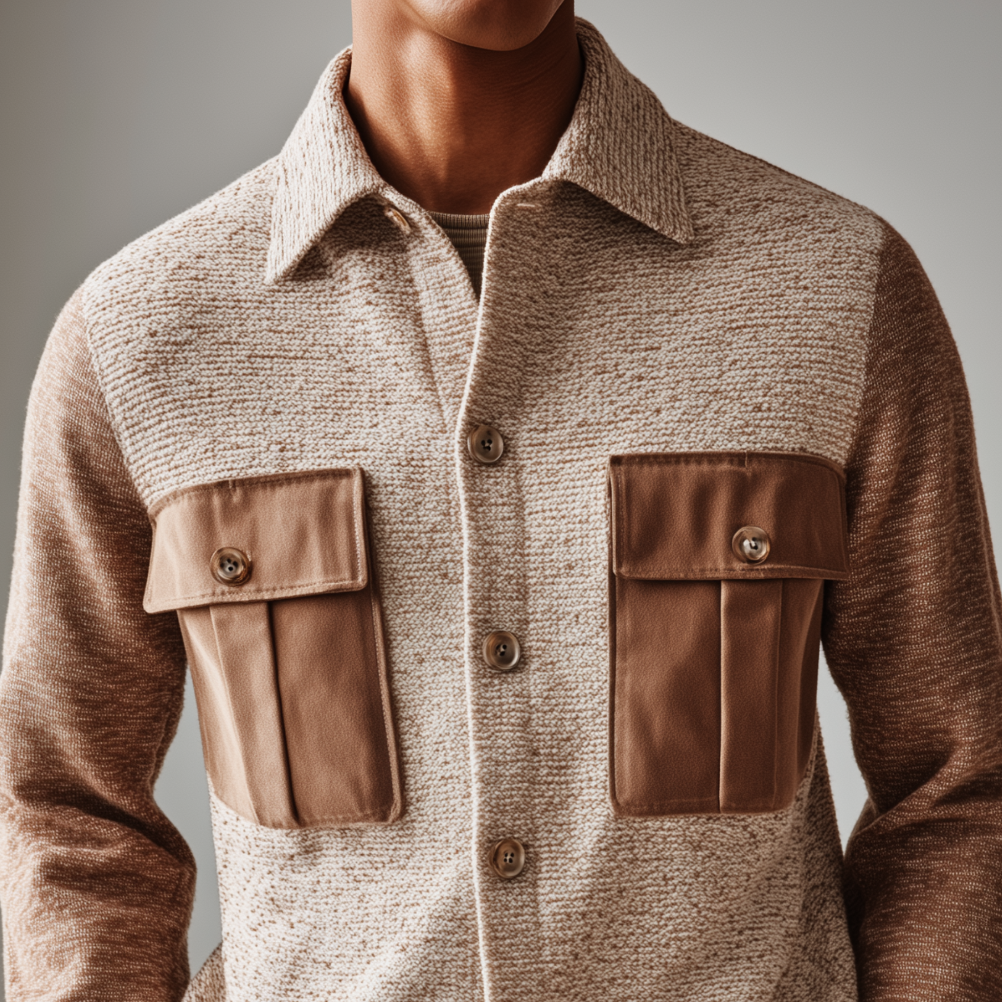 Men's Fashion Casual Pocket And Cuff Stitching Suede Lapel Knitted Long Sleeve Shirt Jacket MTA2930G2K