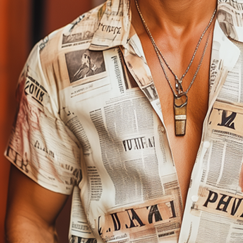 Men's Summer Fashion Newspaper Printed Short Sleeve Shirt MTA1082F6U