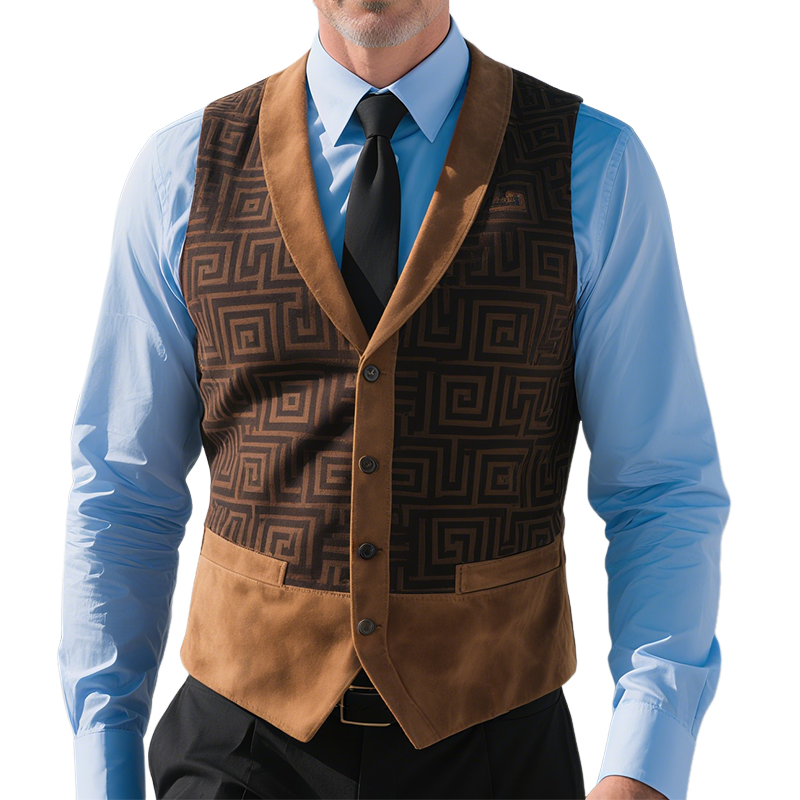 Men's Retro Casual Herringbone Printed Suede Geometric Colorblock Vest MTA2250G6TO
