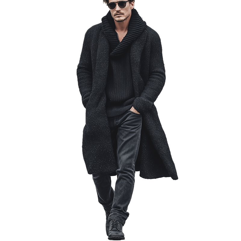 Men's Autumn And Winter Fashion Mixed Color Cotton Yarn Knitted Long Lapel Cardigan MTA2315I6P