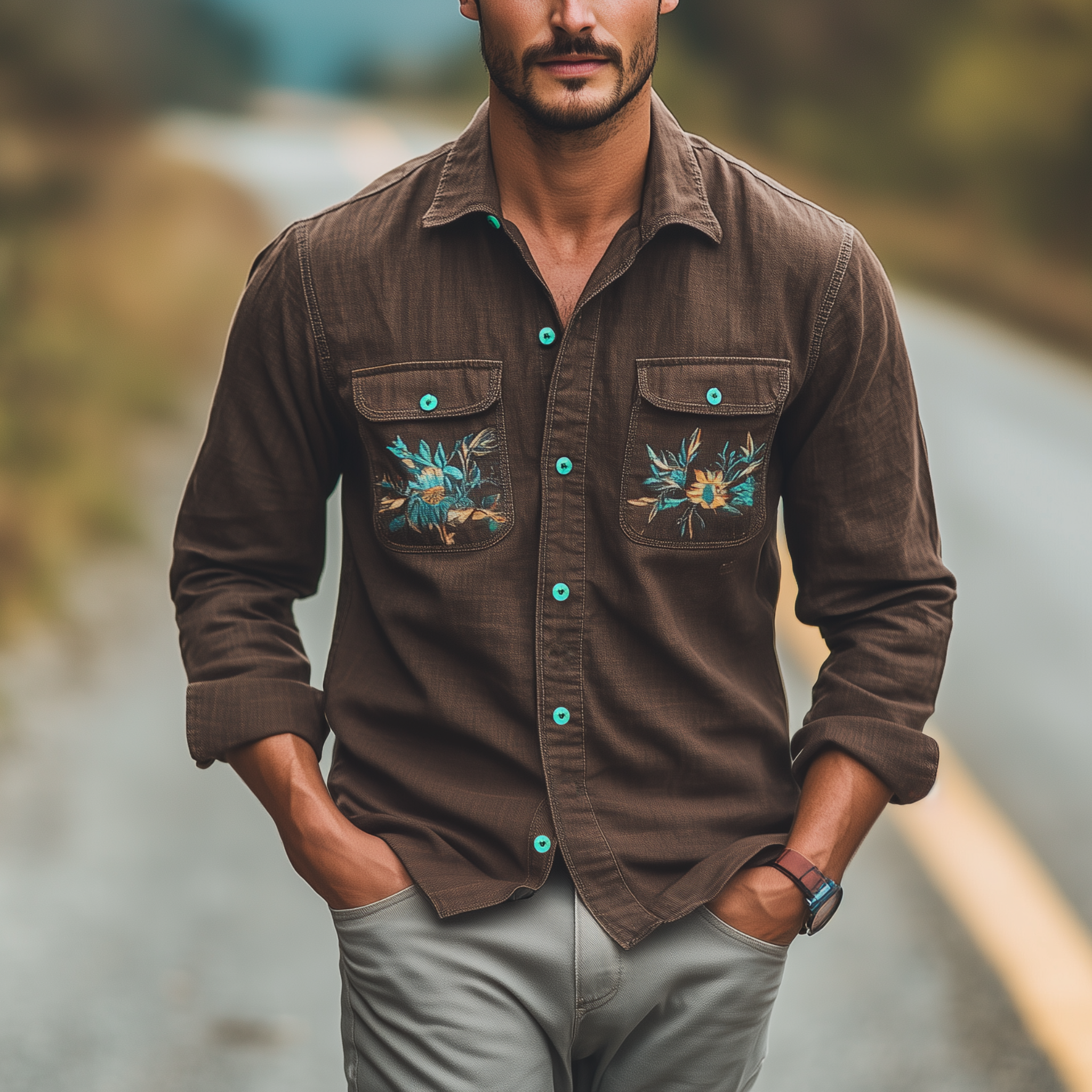 Men's Classic Casual Lapel Cotton And Linen Blend Pocket Embroidery Long Sleeve Shirt MTA2227G2K