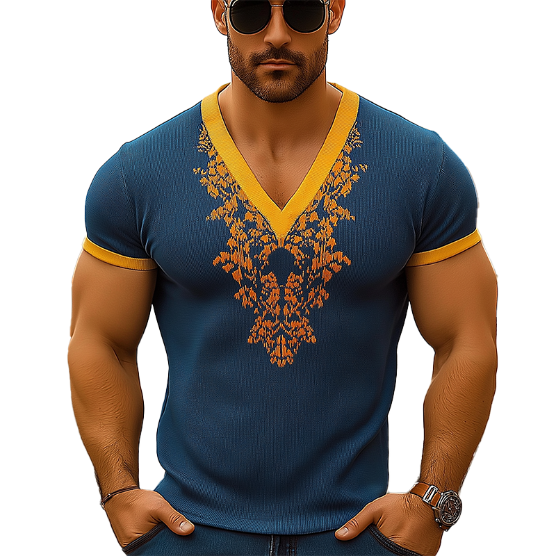 Herre sommerstrikket jacquard slim fit kortermet t-skjorte med V-hals MTA0408F3P