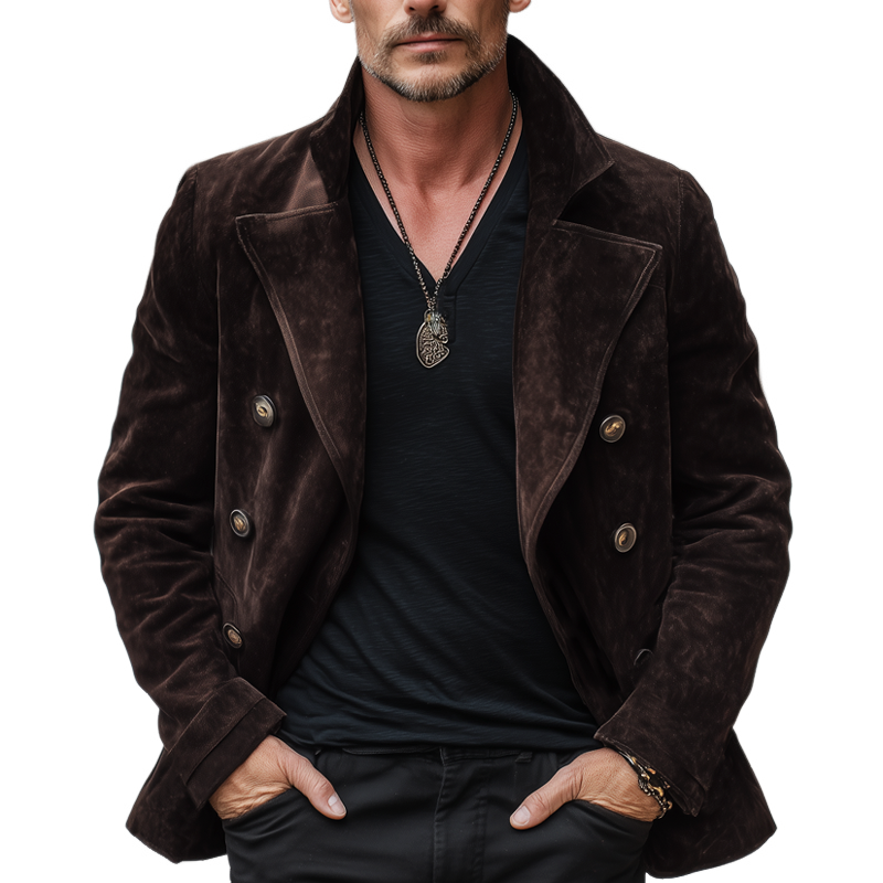 Men's Classic Double Breasted Notched Lapel Suede Jacket MTA0236I7U