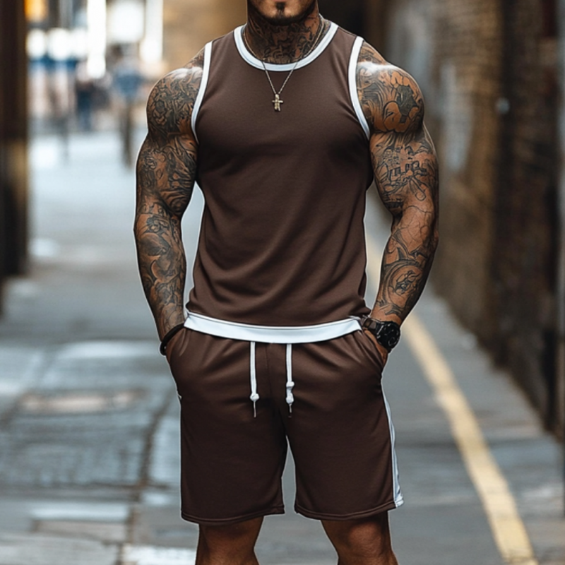 Men's Casual Breathable Cotton Colorblock Round Neck Tank Top Elastic Waist Shorts Sports Set MTA2661E6M