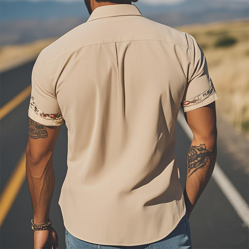 Vår-/sommermote for menn i retro westernstil semsket brodert kortermet skjorte MTA1533D2K