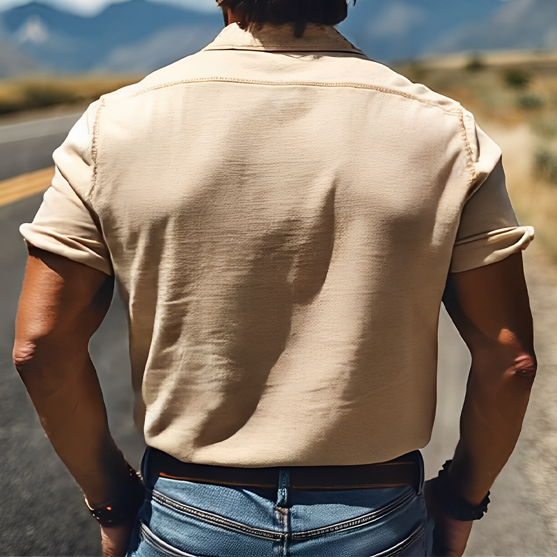 Men's Spring/Summer Fashion Western Style Ramie Embroidery Short Sleeve Shirt MTA1581D9K