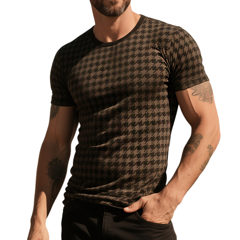Men's Retro Casual Houndstooth Printed Round Neck Short Sleeve T-Shirt MTA1671G9TO