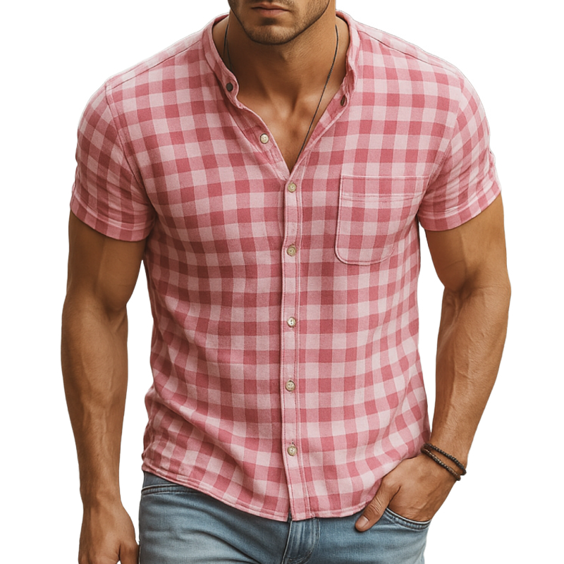 Men's Fashion Breathable Cotton Plaid Stand Collar Patch Pocket Slim Fit Short Sleeve Shirt MTA0166G8M