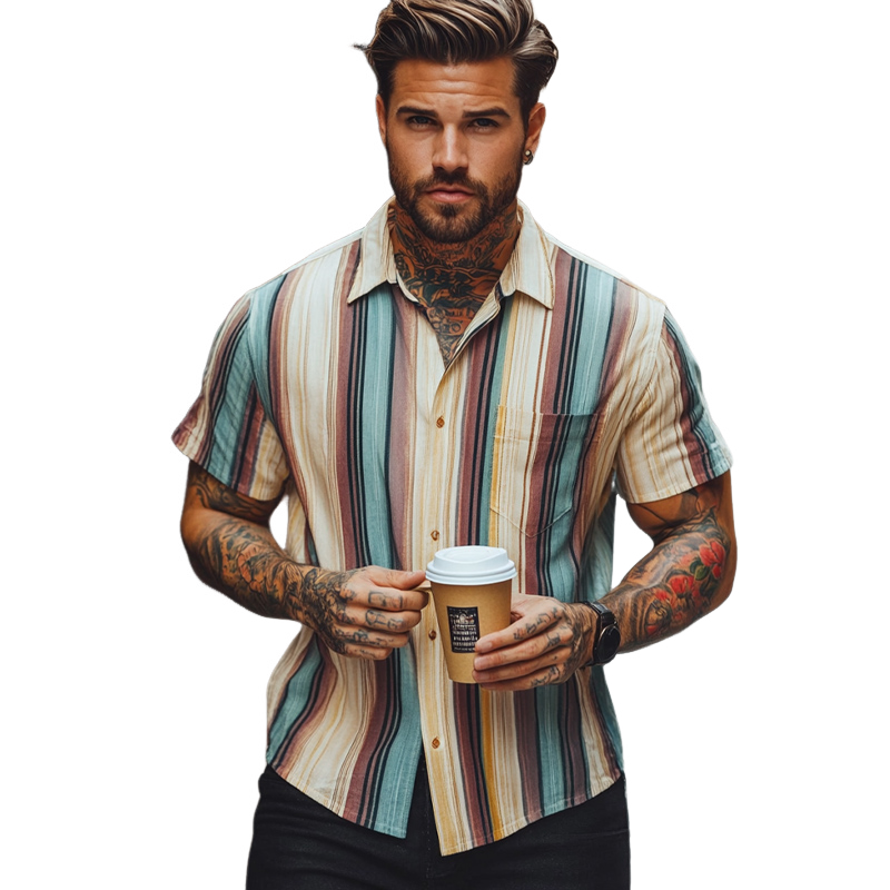 Men's Retro Colorblock Striped Short Sleeve Shirt 66192250U