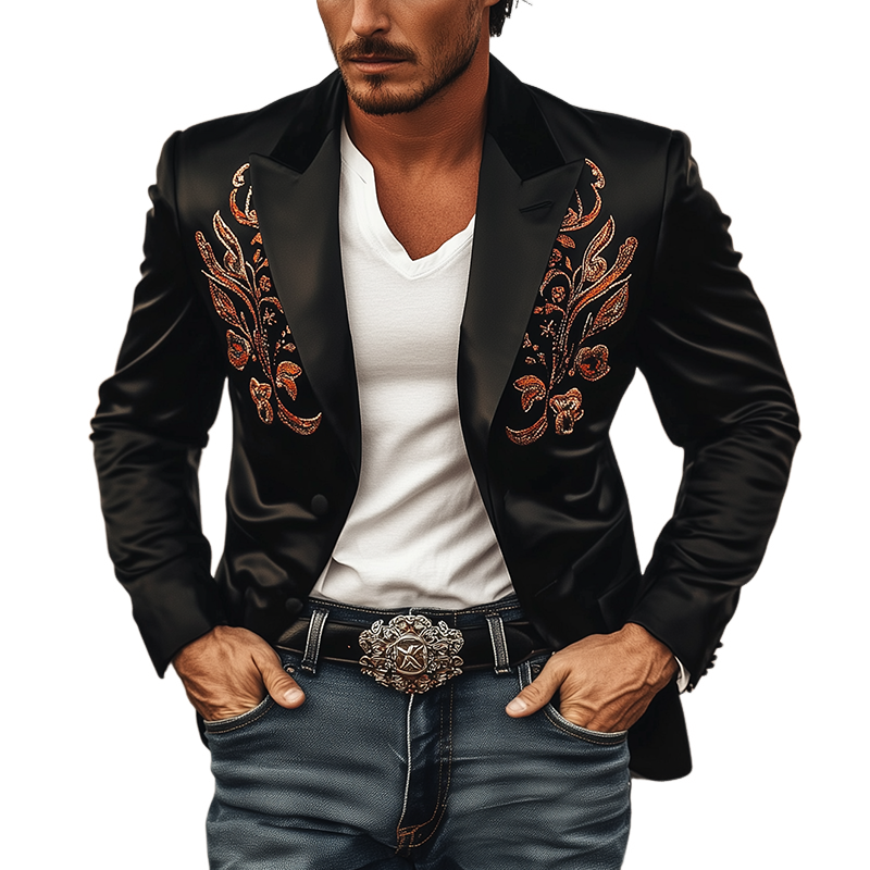 Men's Classic Retro Western Style Satin Embroidered Blazer 05109893K