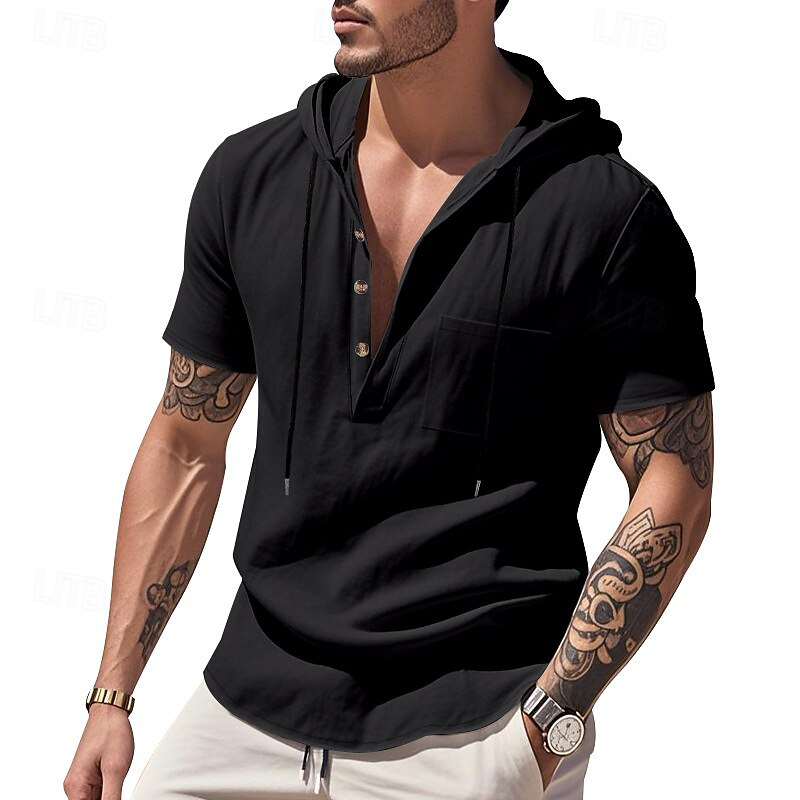 Men's Retro Casual Linen Hooded Pocket Short Sleeve T-Shirt MTA1471G5TO