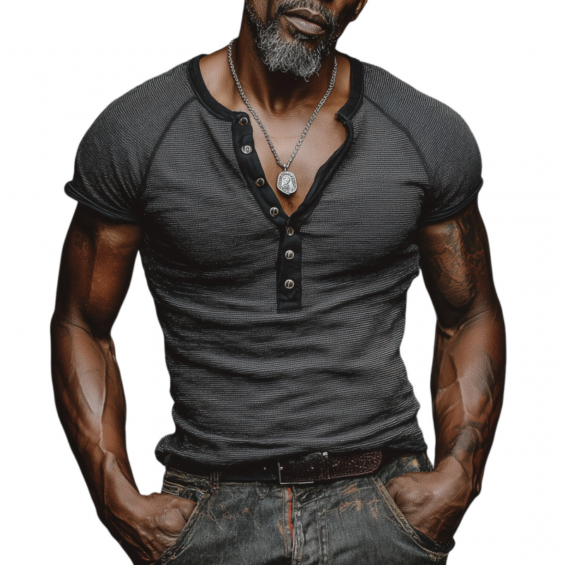 Men's Casual Cotton Striped Colorblock Trim Henley Collar Slim Fit Short Sleeve T-Shirt MTA2288G9M
