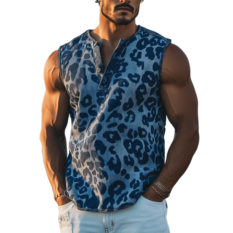 Herre Klassisk trendy retro western cowboy-stil leopard jacquard denim henley-krage tanktopp MTA0839E2K