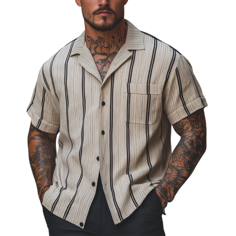 Men's Loose Casual Striped Printed Short Sleeve Shirt MTA2072F6X