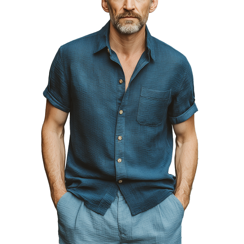 Men's Summer Fashion Wave Texture Cotton Blended Short Sleeve Shirt MTA0255G1P