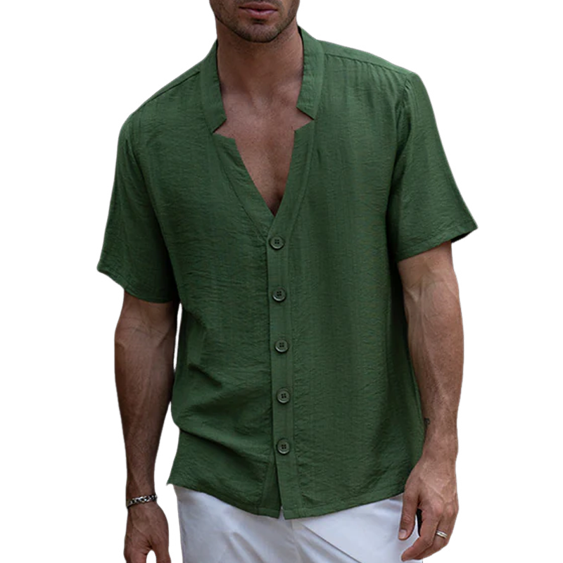 Men's Spring And Summer Fashion Casual Tencel Cotton V-neck Short Sleeve Shirt MTA0513G2K