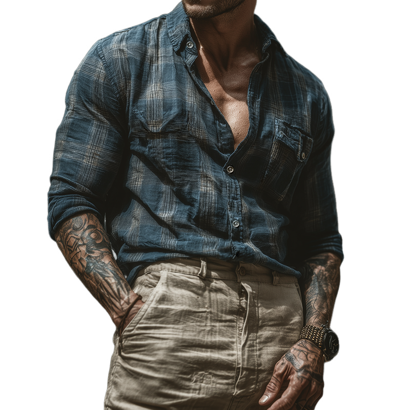 Men's Retro Casual Plaid Lapel Button-Down Long Sleeve Shirt MTZ0523A2TO