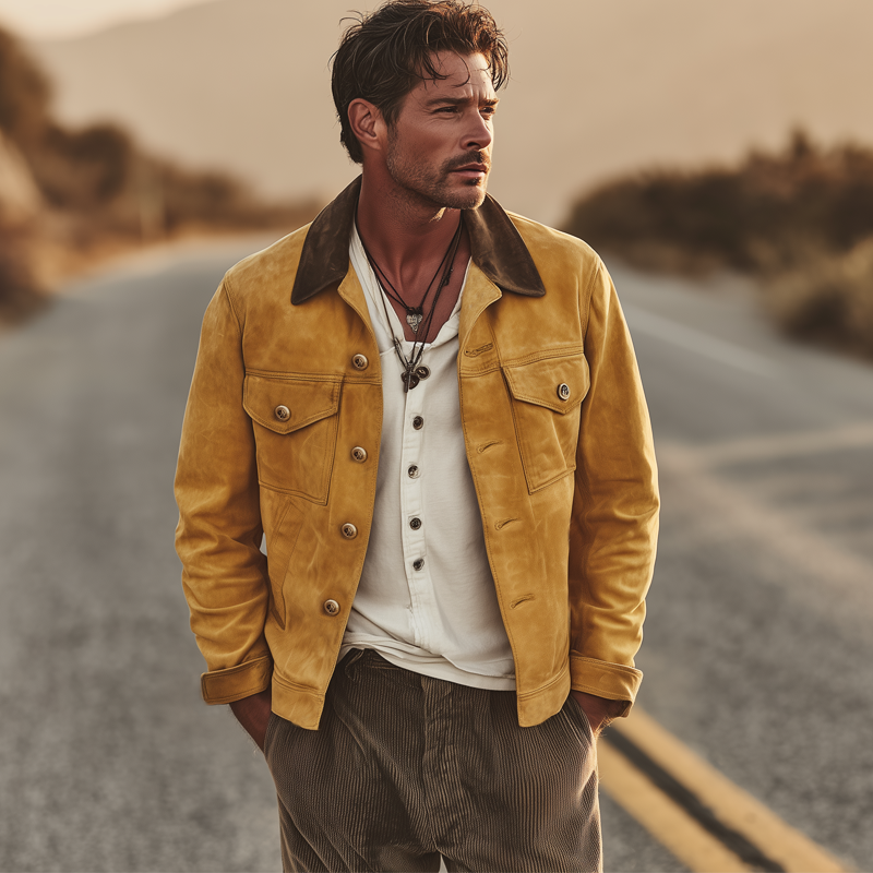 Men's Vintage Suede Colorblock Collar Button Jacket MTA1249H5U
