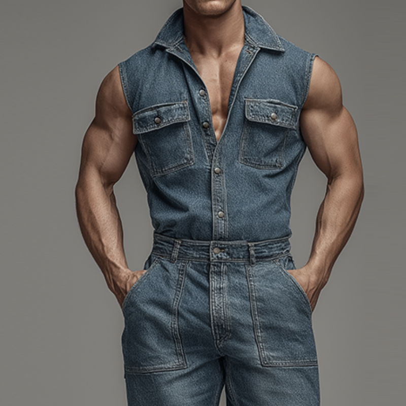 Men's Retro Casual Washed Denim Lapel Sleeveless Shirt Jumpsuit MTA0440H4TO