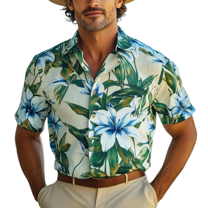 Men's Summer Beach Lily Print Short Sleeve Shirt MTA2669E9U