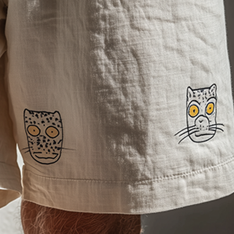 Men's Summer Fashion Cat Embroidery Slub Cotton Casual Shorts MTA2047F1P