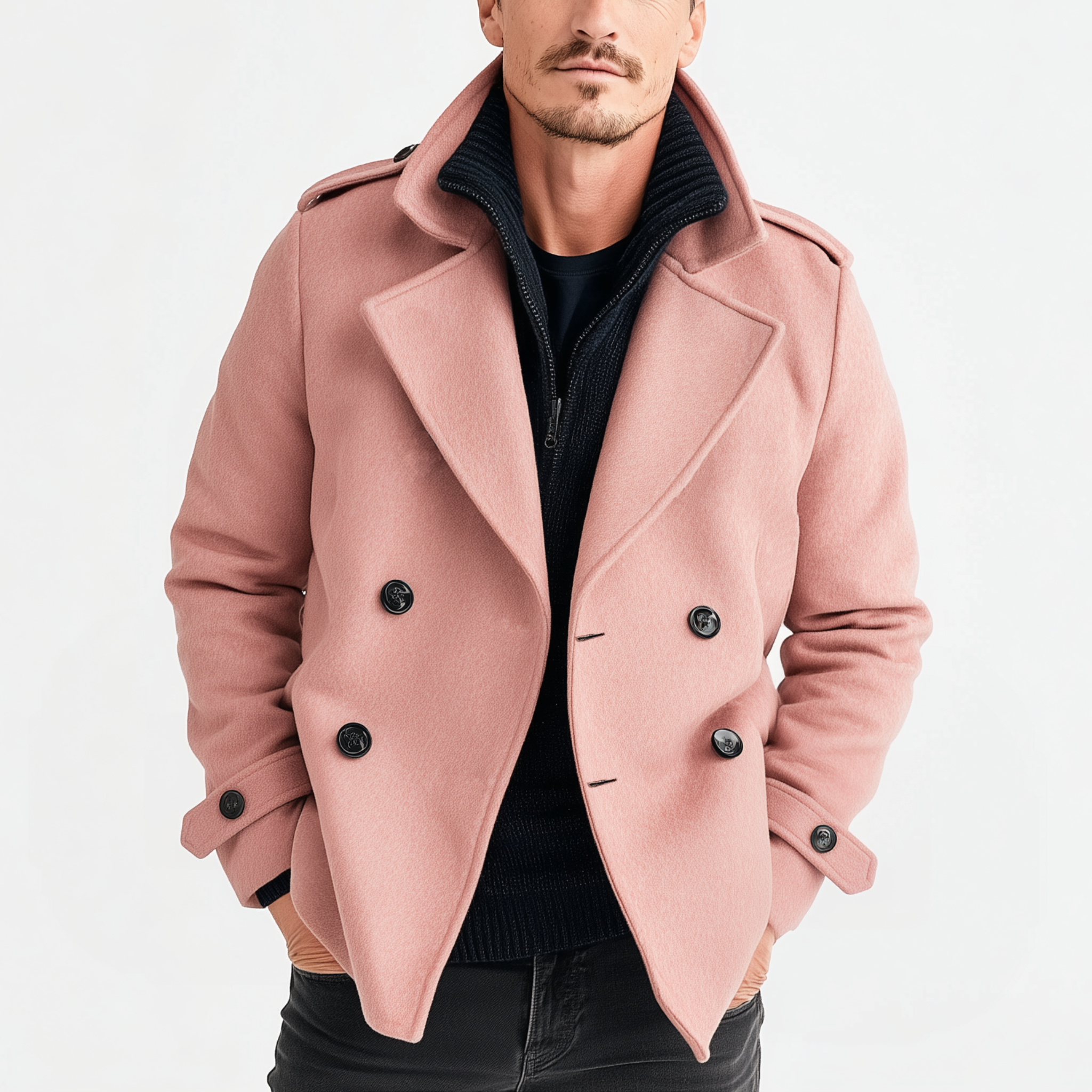 Men's Classic Retro Lapel Epaulettes And Cuffs Pink  Faux Wool Double-breasted Jacket MTA2691I7K