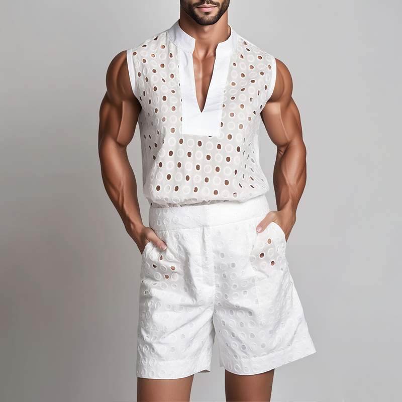 Men's Circular Hollow Embroidery Pattern V Neck Sleeveless Tank Top Straight Shorts Set MTA2349F9Z