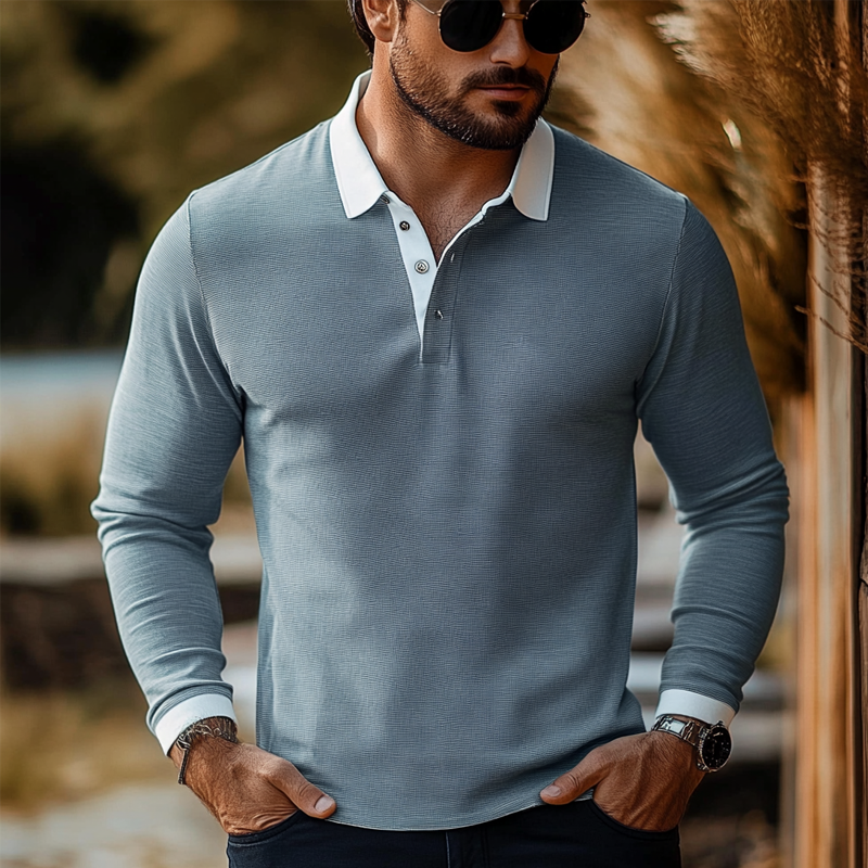 Men's Contrast Color Long Sleeve Cotton Blend POLO Shirt MTA2488G4X