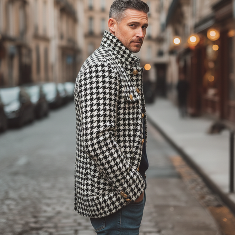 Men's Retro Classic Houndstooth Stand Collar Single Vent Faux Wool Jacket MTA3158J6U