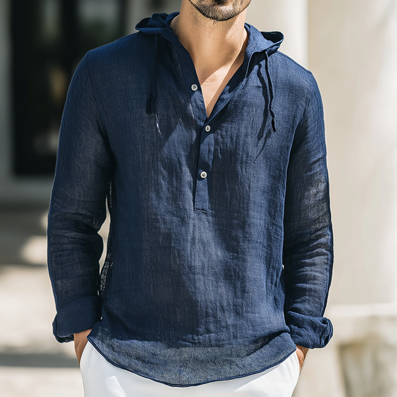 Men's Vintage Casual Solid Color Linen Hooded Button-Down Shirt MTA2846H4TO
