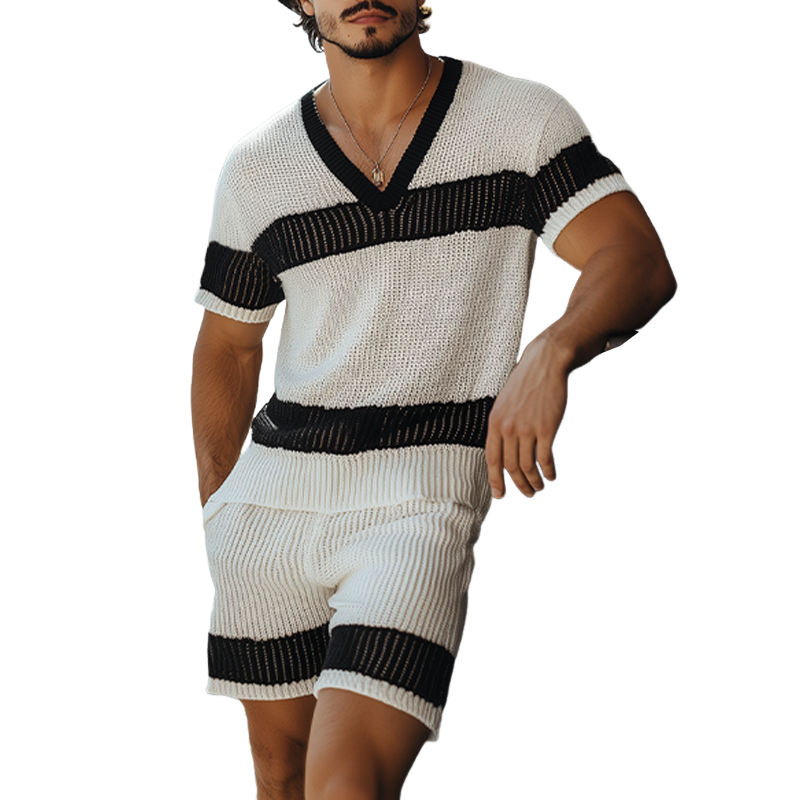 Men's Summer Fashion Casual Black And White Horizontal Striped V-neck Knitted Short-sleeved T-shirt Elastic Waist Shorts Set MTA2665F6K