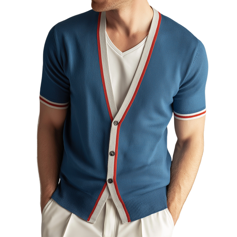 Men's Retro Casual Contrast Color Knitted Short Sleeve Sweater MTA0639H4TO