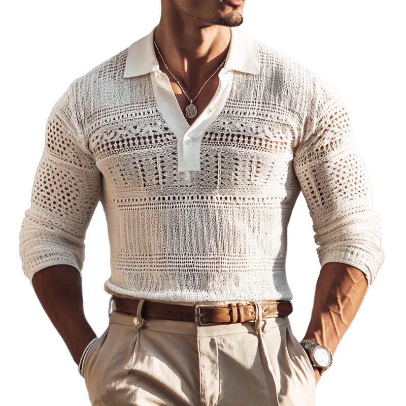 Men's Solid Hollow Out Knit Lapel Long Sleeve Polo Shirt MTA1123H7Z