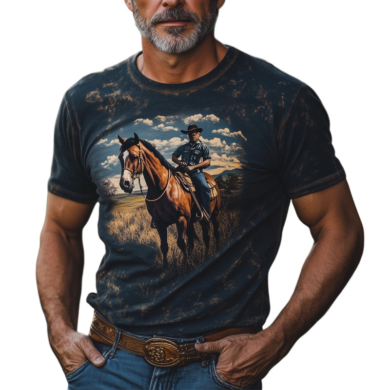 Men's Western Cowboy Style Printed Crew Neck T-Shirt MTA2846D0U