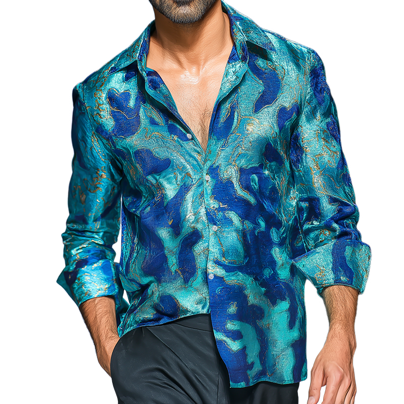 Men's Retro Casual Gilded Amber Print Lapel Long Sleeve Shirt MTA3012G8TO