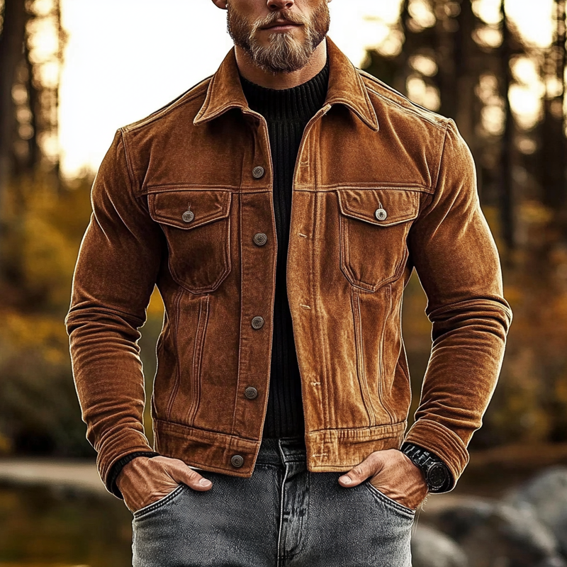 Men's Vintage Solid Color Faux Suede Lapel Single Breasted Jacket MTA1936H9X
