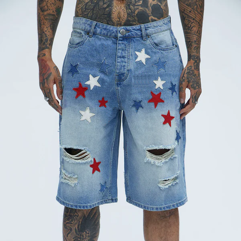 Men's Spring And Summer Fashion Casual Washed Denim Patch Five-pointed Star Decorated Ripped Shorts MTA0955G6K
