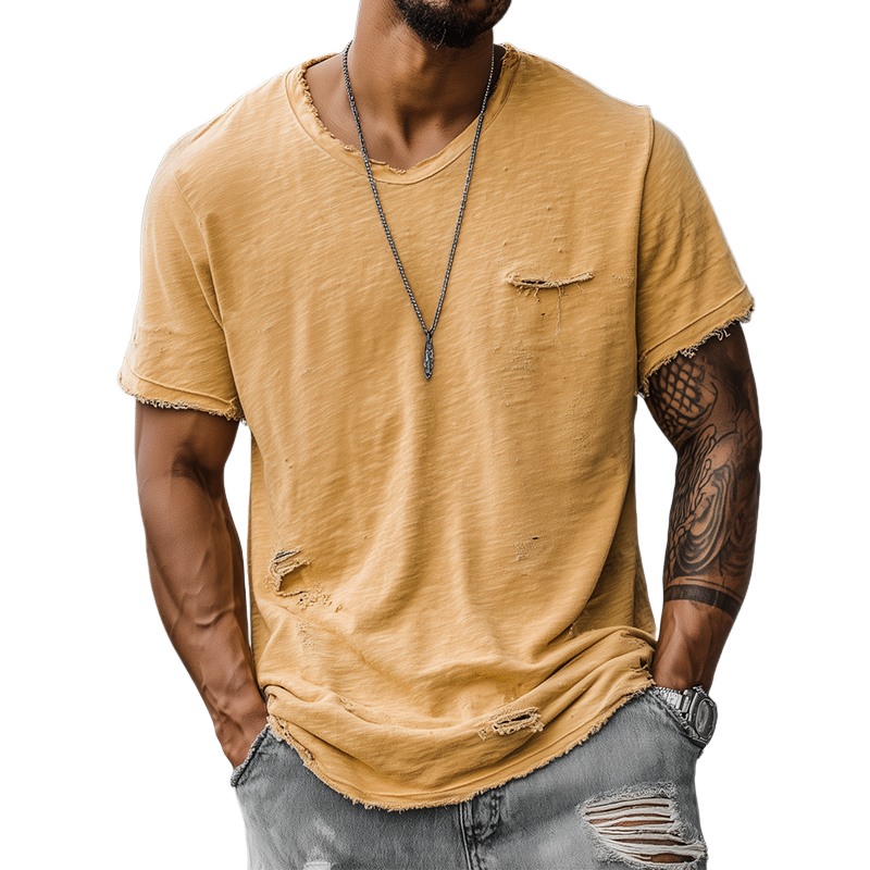 Men's Fashion Casual Bamboo Cotton Ripped Raw Edge Round Neck Short Sleeve T-shirt MTA1556G4K