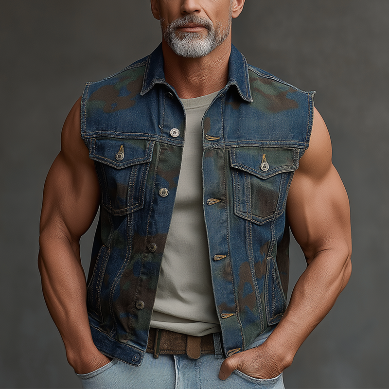 Men's Summer Fashion Camouflage Print Washed Denim Vest MTA0613F8P