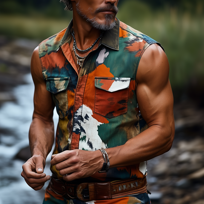 Men's Summer Classic Camouflage Button-Down Sleeveless Shirt MTA0655F5U