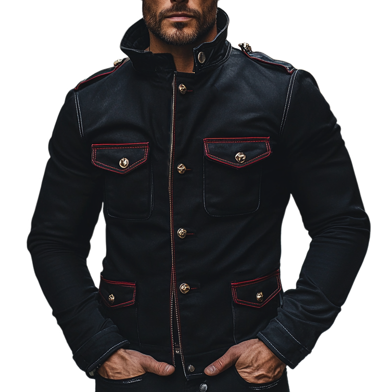 Men's Cotton Blend Contrast Color Stand Collar Multi-pocket Slim Fit Jacket MTA1836H5X