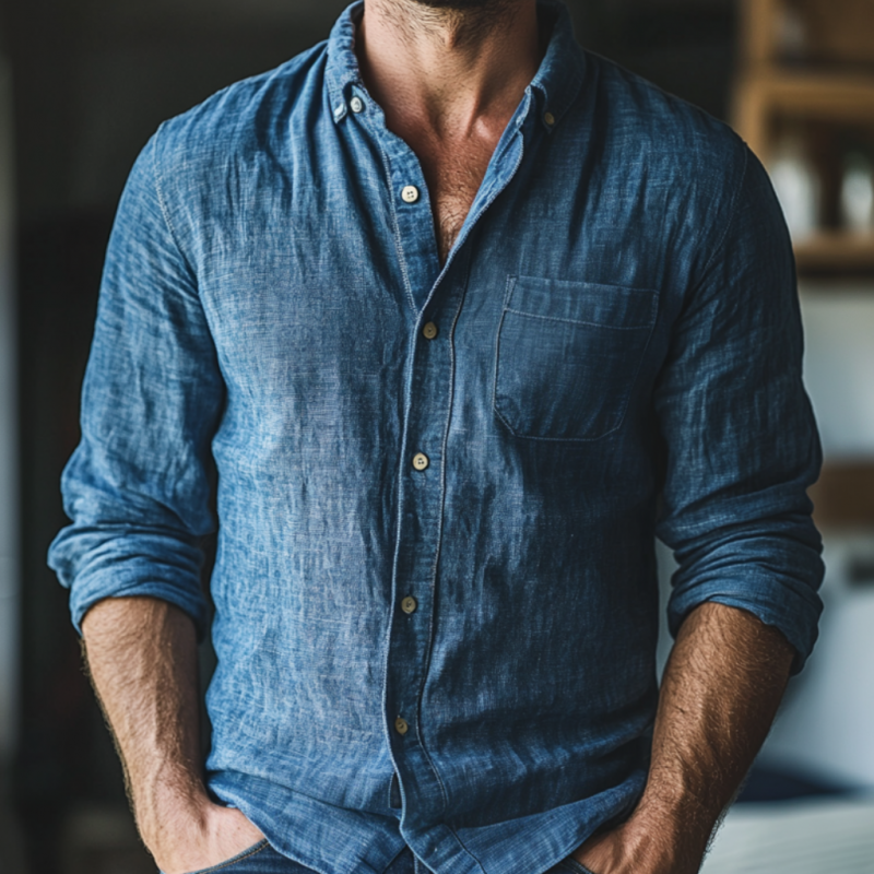 Men's Casual Breathable Linen Lapel Patch Pocket Slim Fit Long Sleeve Shirt MTA1123F4M