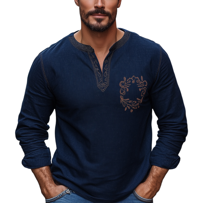 Men's Navy Blue Cotton and Linen Vintage Embroidery V-Neck Long Sleeve T-Shirt 48150060U